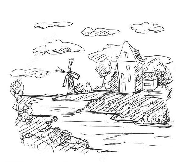 儿童画河边的小屋简笔画简单漂亮图片,简单的河边的小屋的景色简笔 