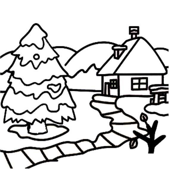 冬天的房子和树简笔画简单漂亮,冬天的房子和树画法