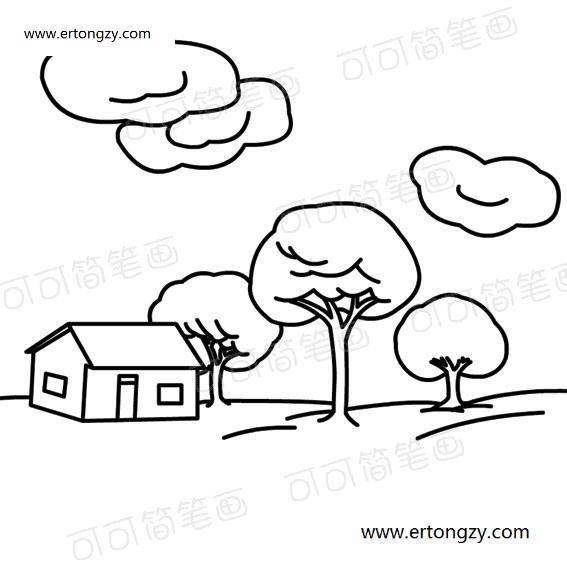 风景简笔画简单漂亮山坡上的小房子,风景画法