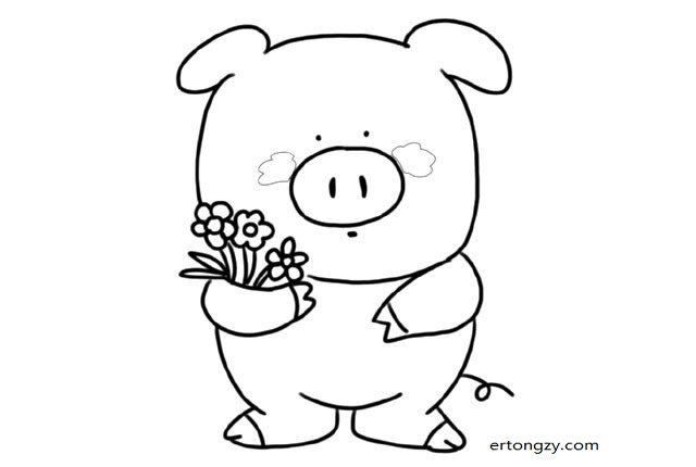 拿着花的可爱小猪简笔画步骤图