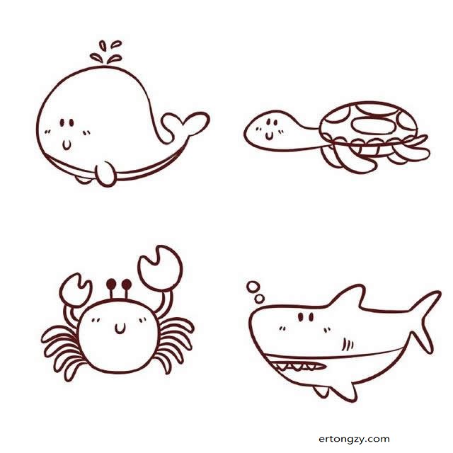 海底世界卡通鲸鱼乌龟螃蟹鲨鱼简笔画