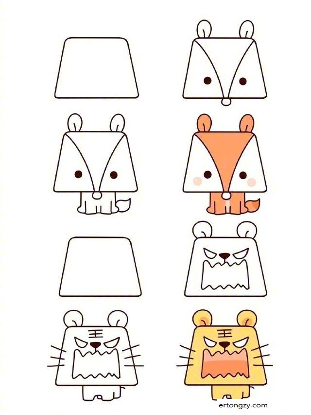 一组可爱又简单的梯形小动物简笔画图片
