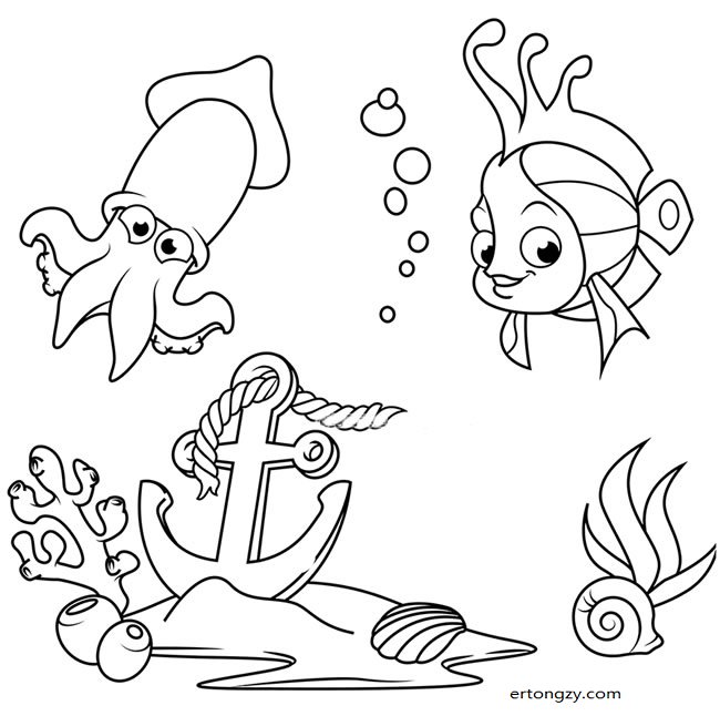 海底世界简笔画之珊瑚鱼和乌贼_动物简笔画