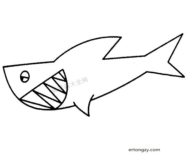 3.最后画上眼睛和牙齿.    鲨鱼简笔画大全